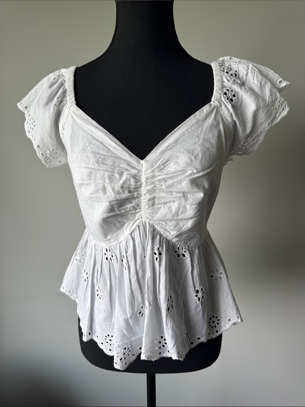 White Eyelet Ruched Peplum Top - Women